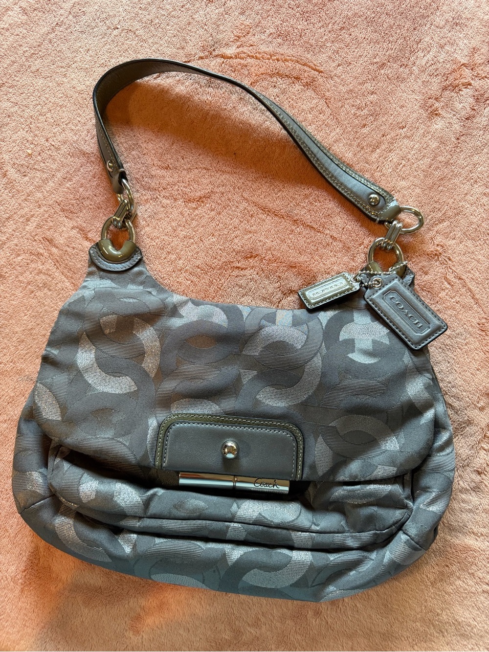 Coach Silver Gray Signature Jacquard Hobo Shoulder Bag
